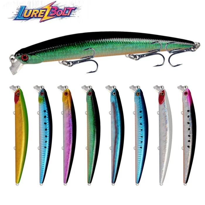 Long Minnow Fishing Lure with Holographic Body and Sharp Treble Hooks for Saltwater & Freshwater