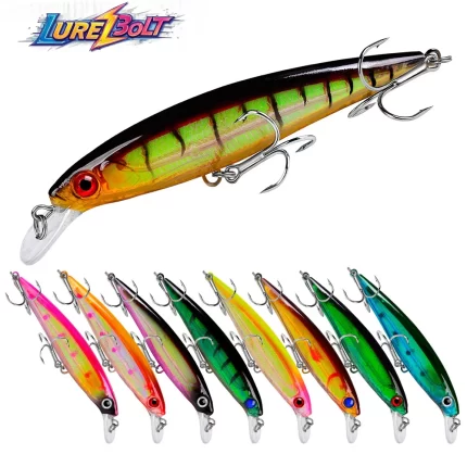 Image displays the LureBolt brand minnow fishing lures in 10 different vibrant color variations. The lures feature 3D eyes, sharp treble hooks, and realistic fish-scale designs, ideal for attracting a variety of fish species.