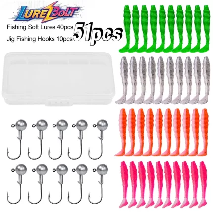 LureBolt Soft Lures and Fishing Hooks Set, 40 Soft Lures & 10 Hooks for Freshwater Fishing | 51pcs