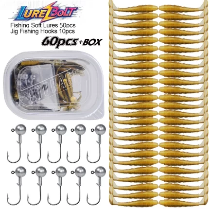 Soft Plastic Lure and Hook Kit - 60 Pieces with Storage Box, Perfect Fishing Gear Accessories