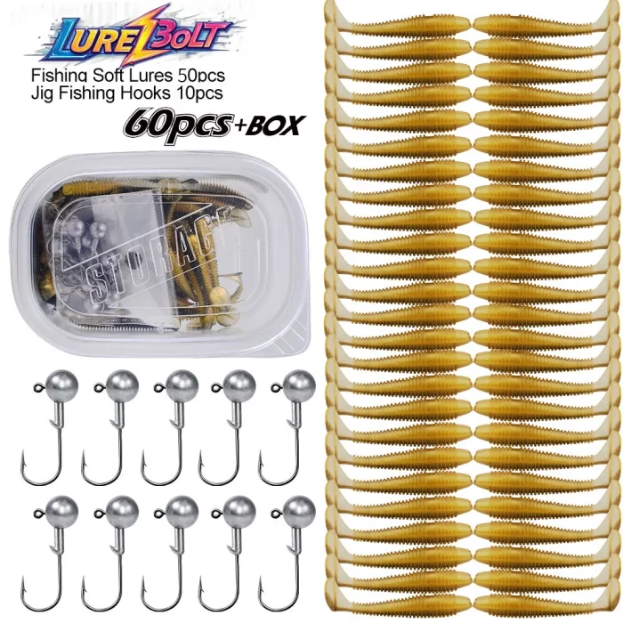 Soft Plastic Lure and Hook Kit - 60 Pieces with Storage Box, Perfect Fishing Gear Accessories
