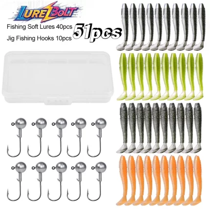 Soft Plastic Lure and Hook Kit - 51 Pieces with Storage Box, Ideal Fishing Gear Accessories