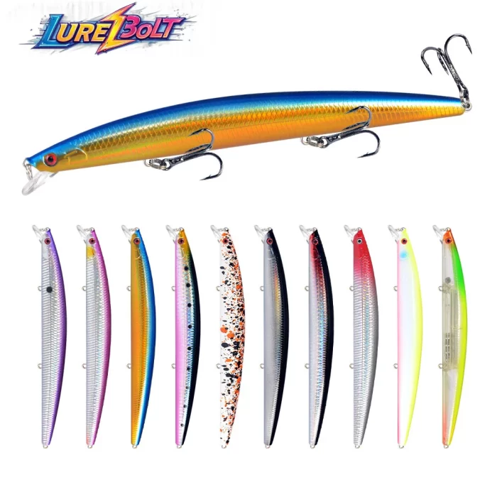 Long Slender Hard Fishing Lure in Multiple Colors | Triple Hook Design for Accurate Casting