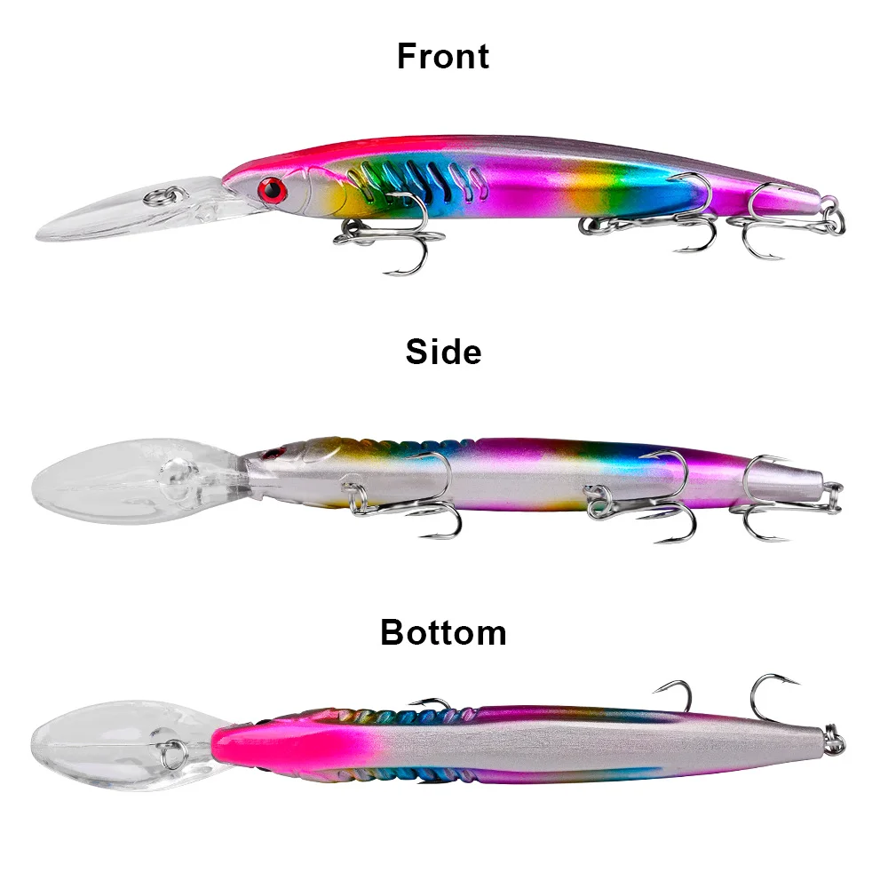 Front, side, and bottom views of a single lure to highlight its streamlined profile and realism in water.