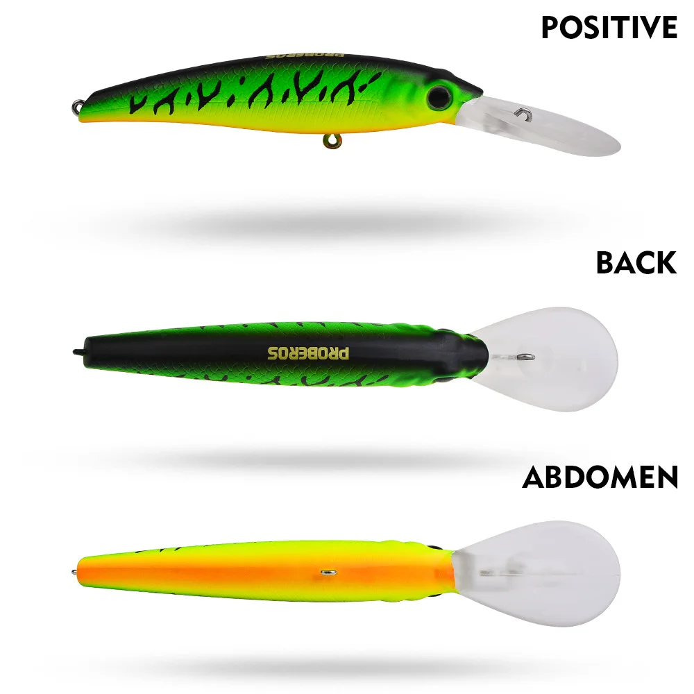 Detailed positive, back, and abdomen views of Color A sinking lure showcasing its shape and build.
