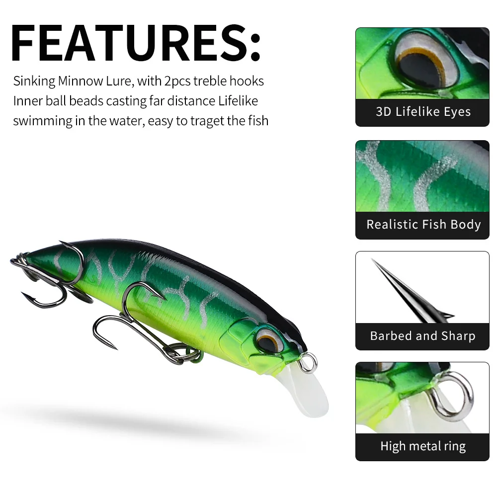 Features of the fishing lure, including 3D eyes, realistic fish body, sharp treble hooks.