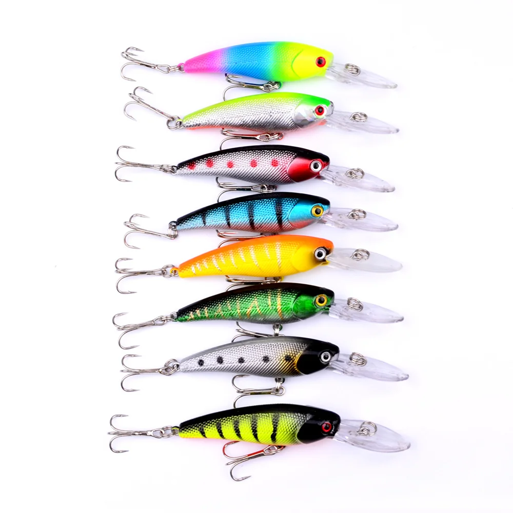 View of multiple lures in different colors arranged neatly.