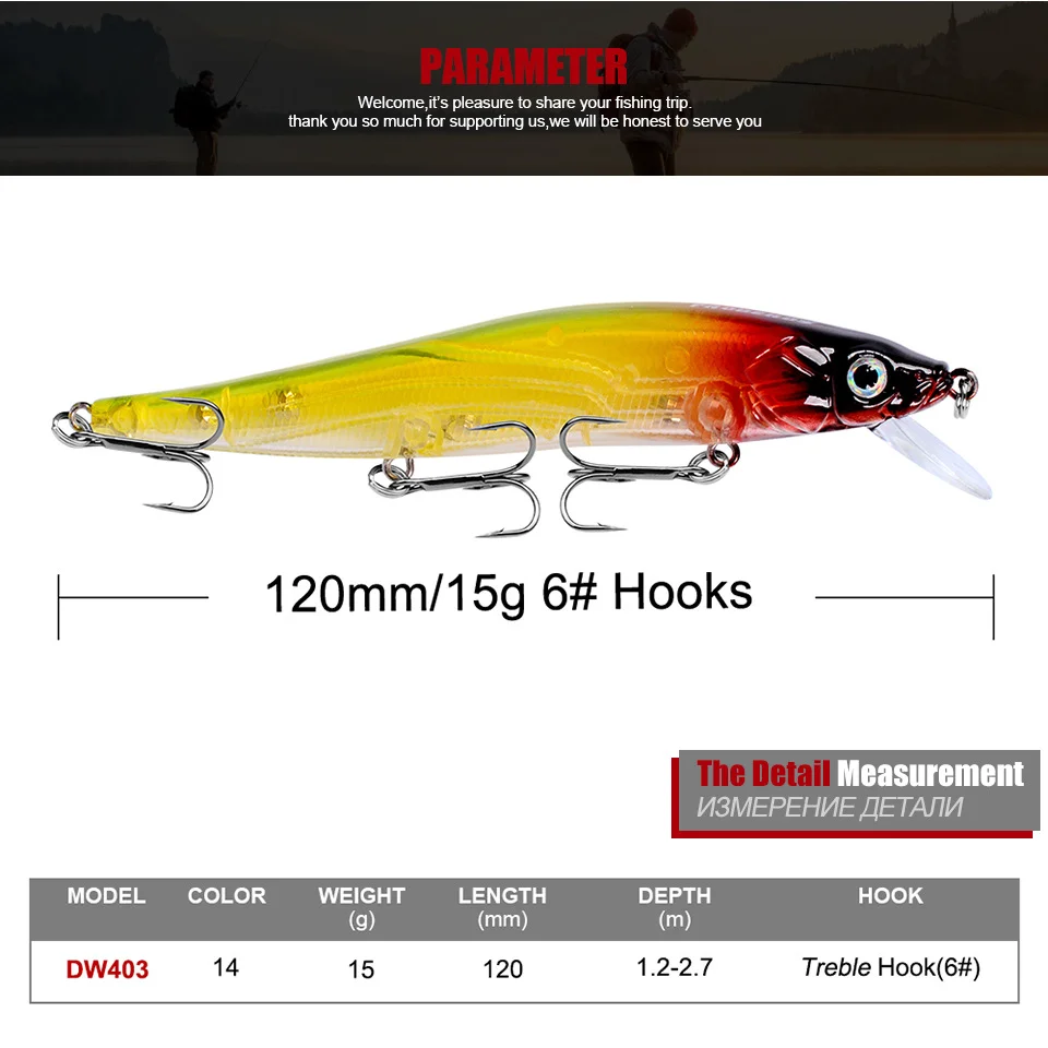 Red and yellow floating minnow lure with callouts for 3D eyes and torque balance
