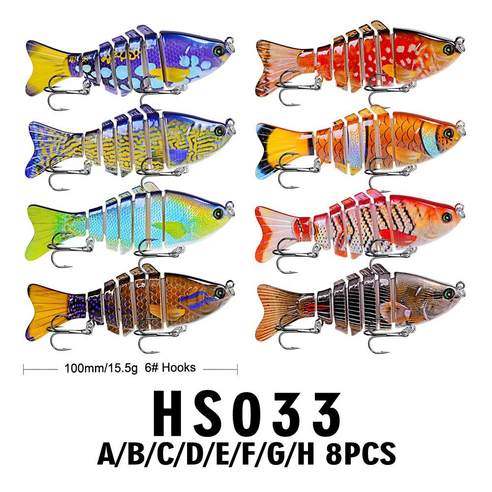 Product features and color guide labeled from A to H for swimbaits