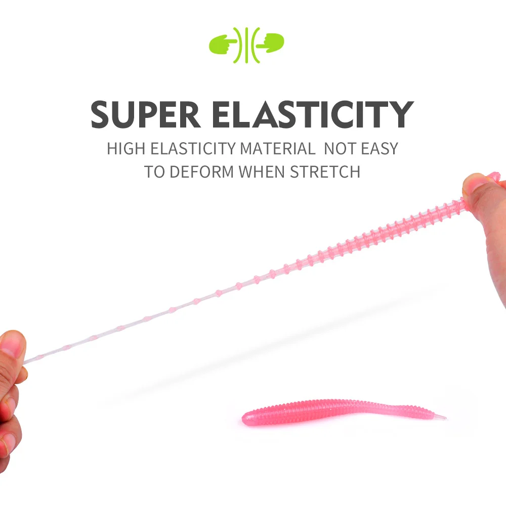 Image highlighting the elasticity of the soft bait worm when stretched.