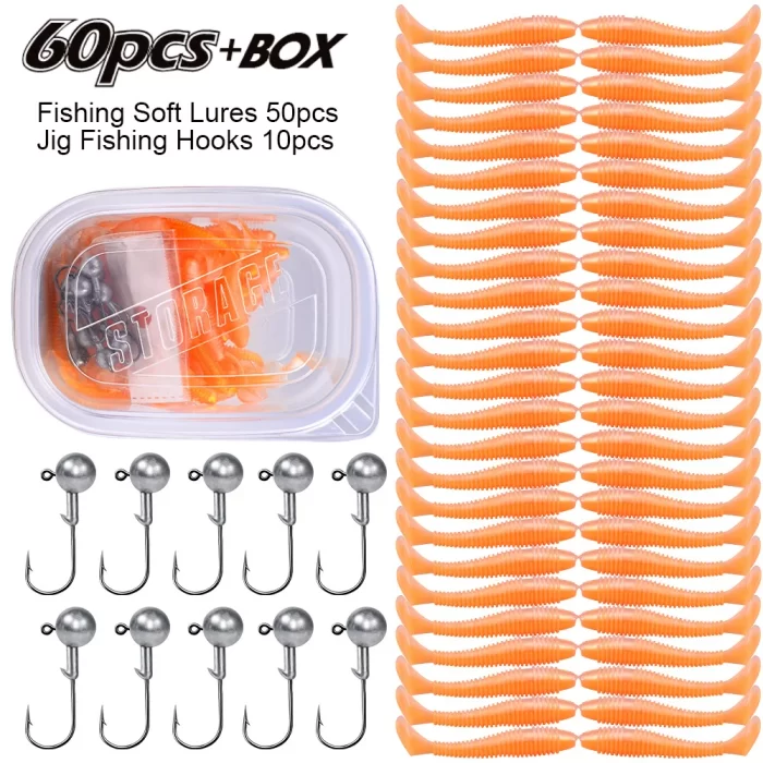 Soft Plastic Lure and Hook Kit - 60 Pieces with Storage Box, Perfect Fishing Gear Accessories - Image 11