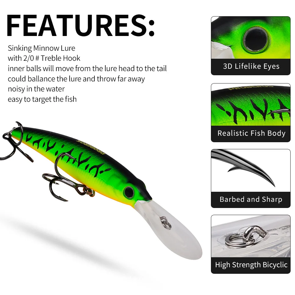 Feature highlights of the PROBEROS DW612 lure, including lifelike 3D eyes, realistic body, and sharp barbed hooks.