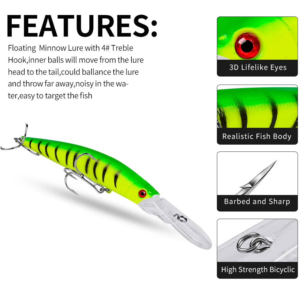 Close-up showing lure features: 3D eyes, sharp treble hooks, realistic fish body