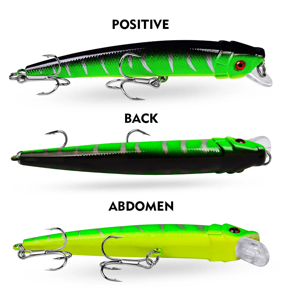 Positive, back, and abdomen view of green-black striped minnow lure
