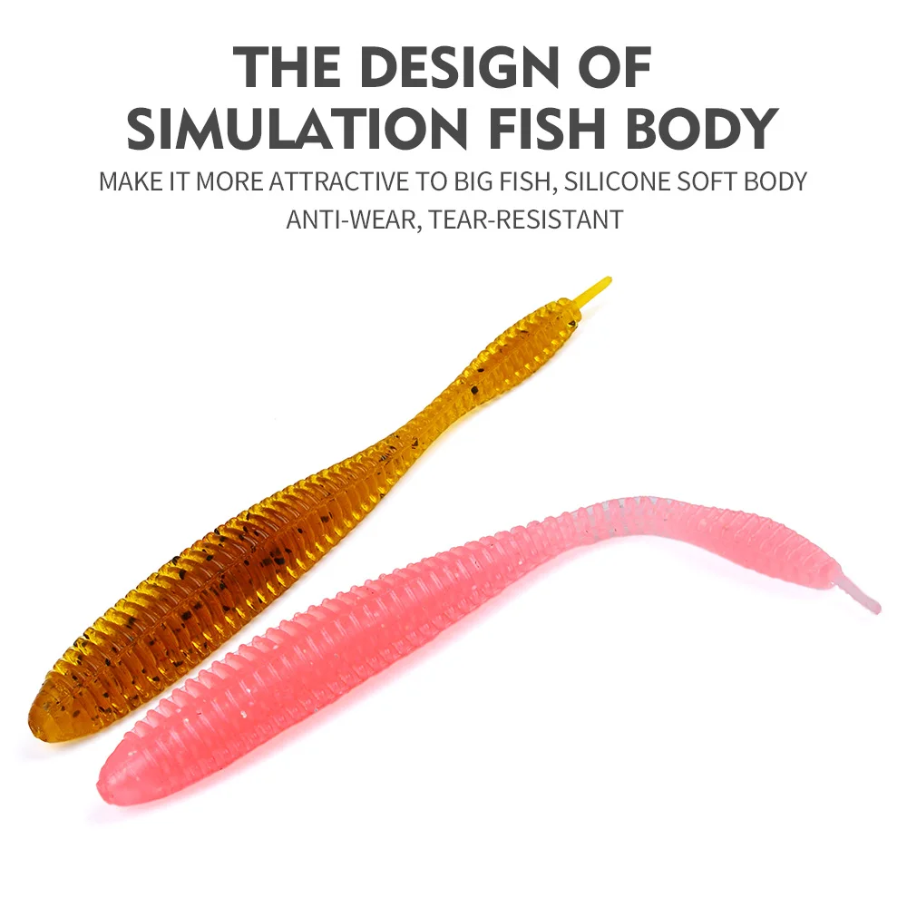Close-up of a soft bait worm demonstrating its simulation fish body.