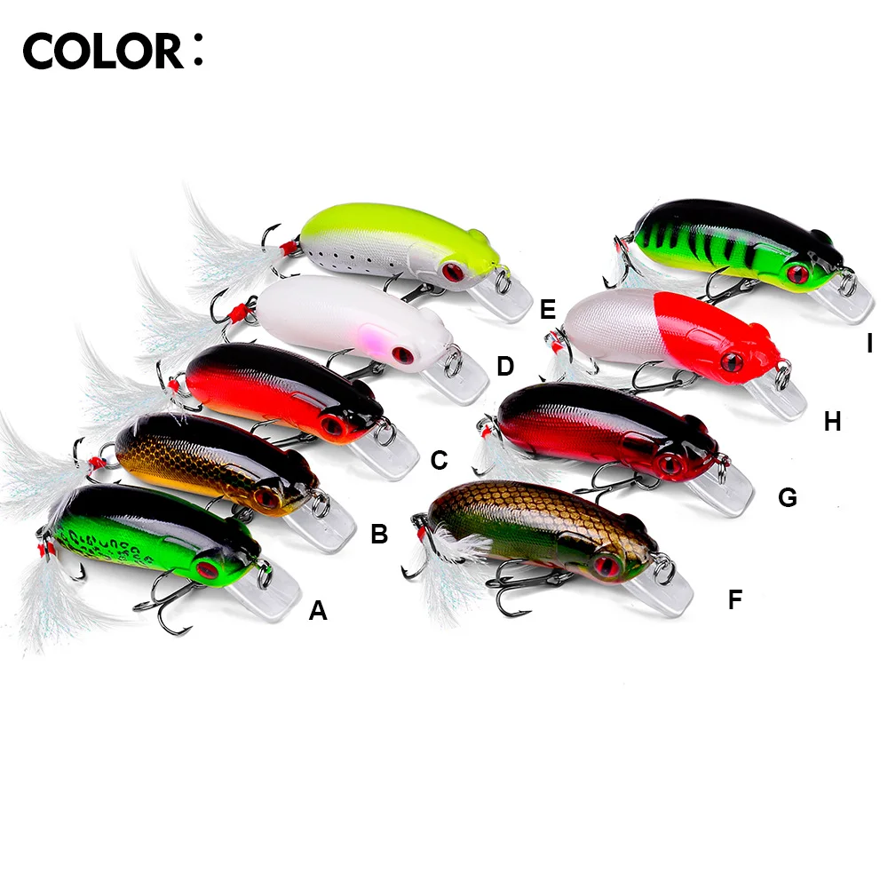 Display 9 colored crank baits with feather high-frequency hooks and 3D eyes, including green, red black, white, and other variations.