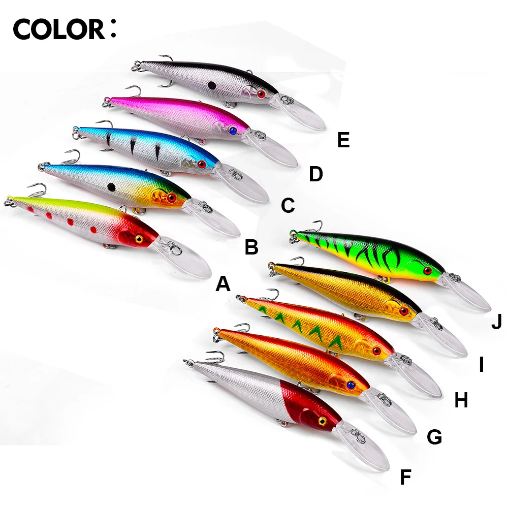 Color chart of 10 lure variants labeled A through J for customization in different waters.