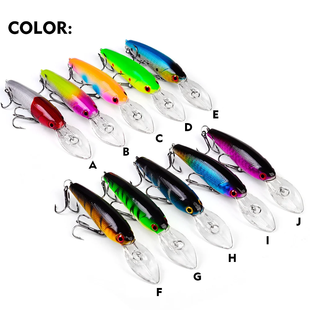 Color chart displaying 10 variations of the minnow lure labeled A–J
