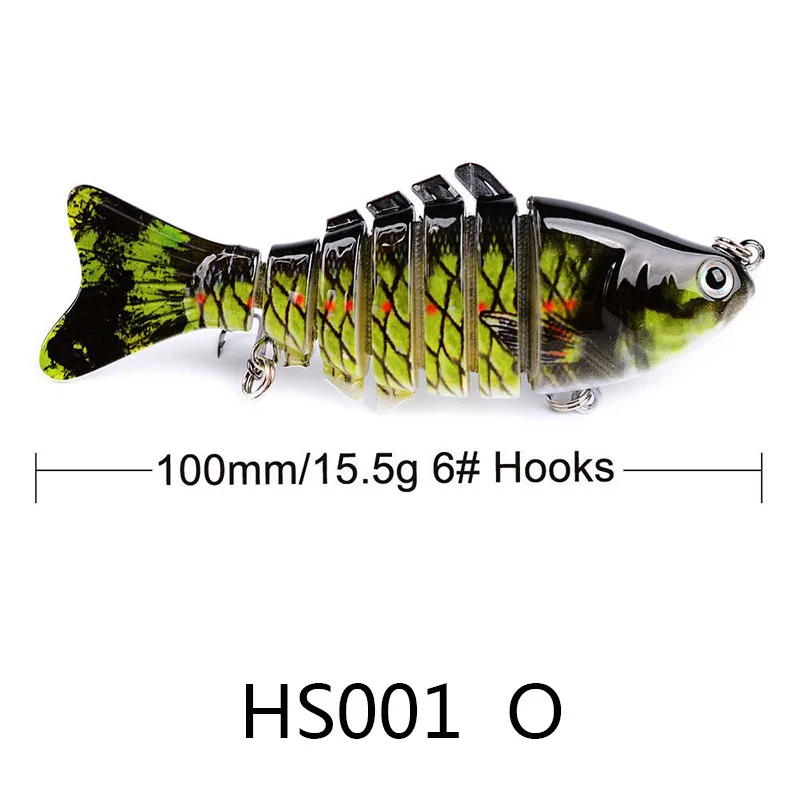 Side view of a single fishing lure with text showing size: 100mm/15.5g, #6 hooks. Model HS001 O