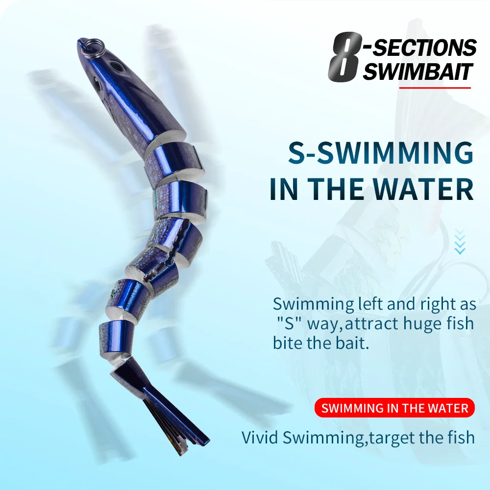 Blue multi-jointed swimbait demonstrating S-shaped swimming movement in water