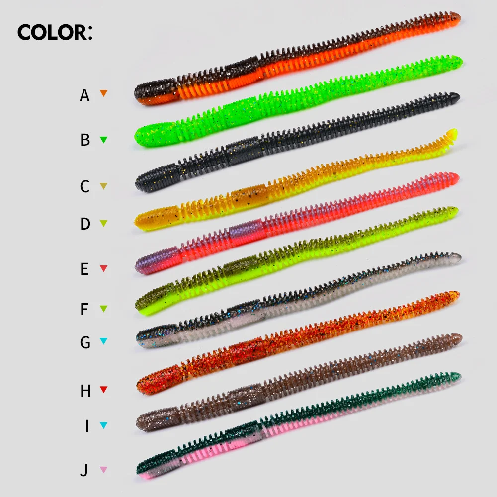 Ten worm lures aligned horizontally with color labels from A to J