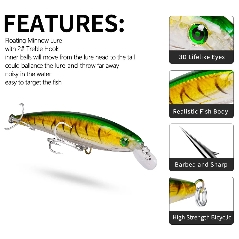 "Ultra-realistic minnow lure with intricate scale detailing and lifelike 3D eyes for natural swimming action." 