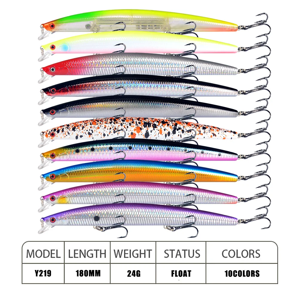 Different colors of the floating lures, designed to mimic real baitfish.