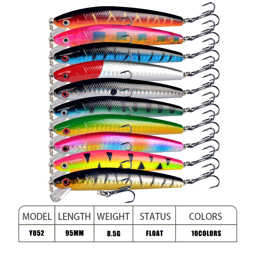  Vertical lineup of all 10 lure variants showing their side profiles, featuring different body patterns and colors.