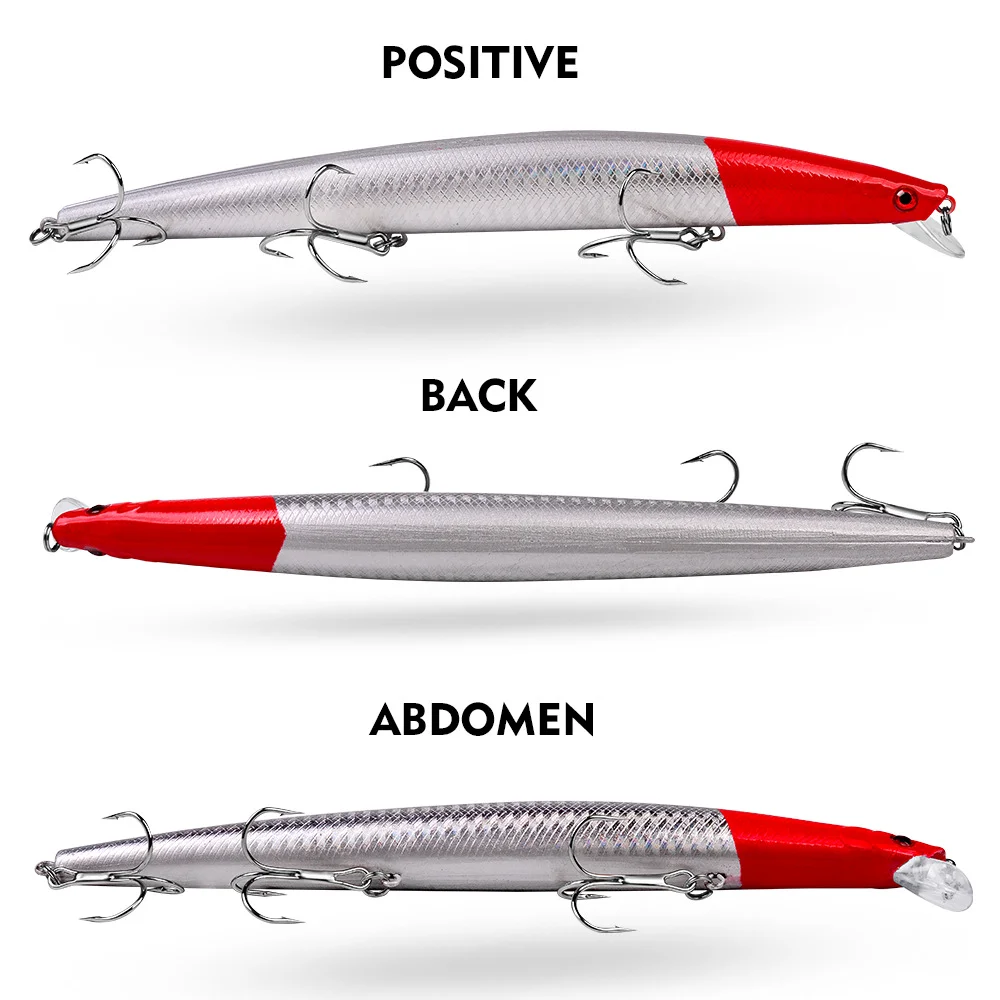 Front, back, and belly views of the red-silver fishing lure