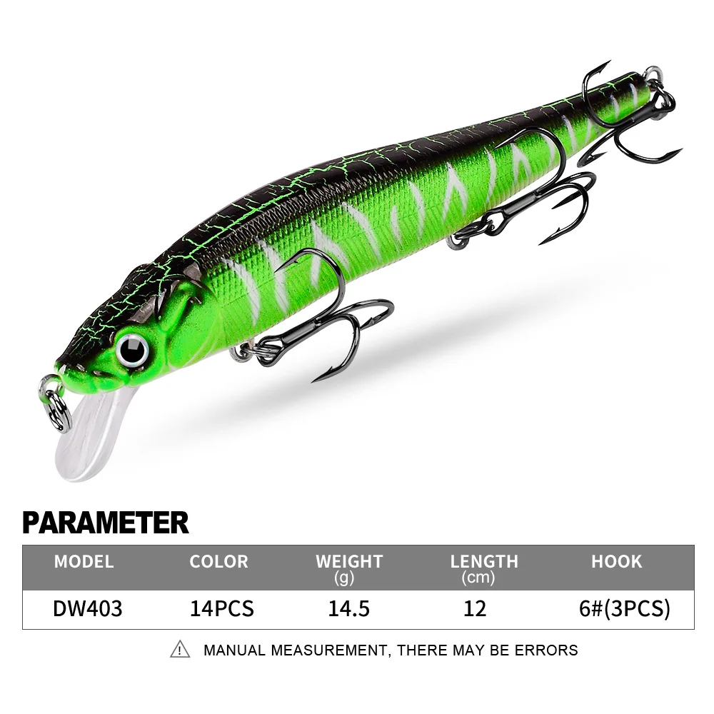 Top, side, and bottom views of green striped floating minnow lure