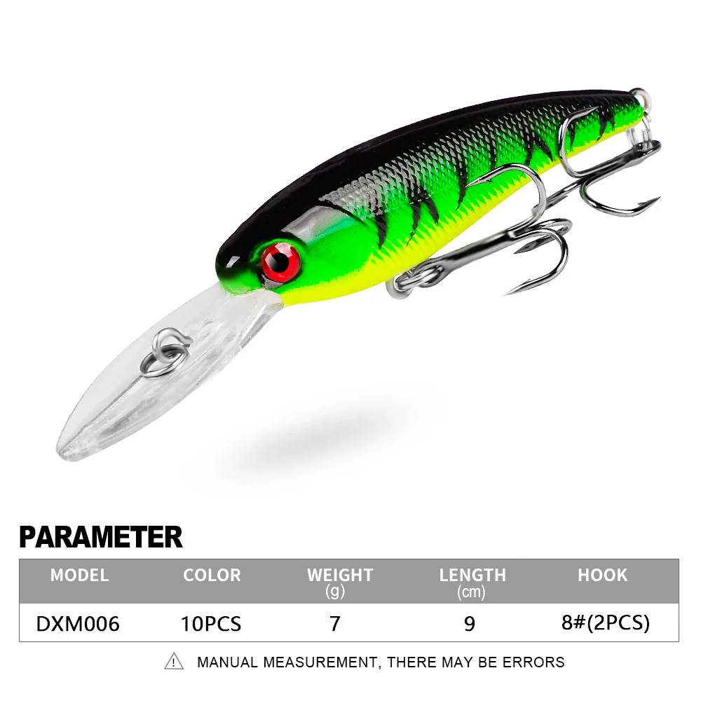 Green minnow lure in perspective view with feature highlights