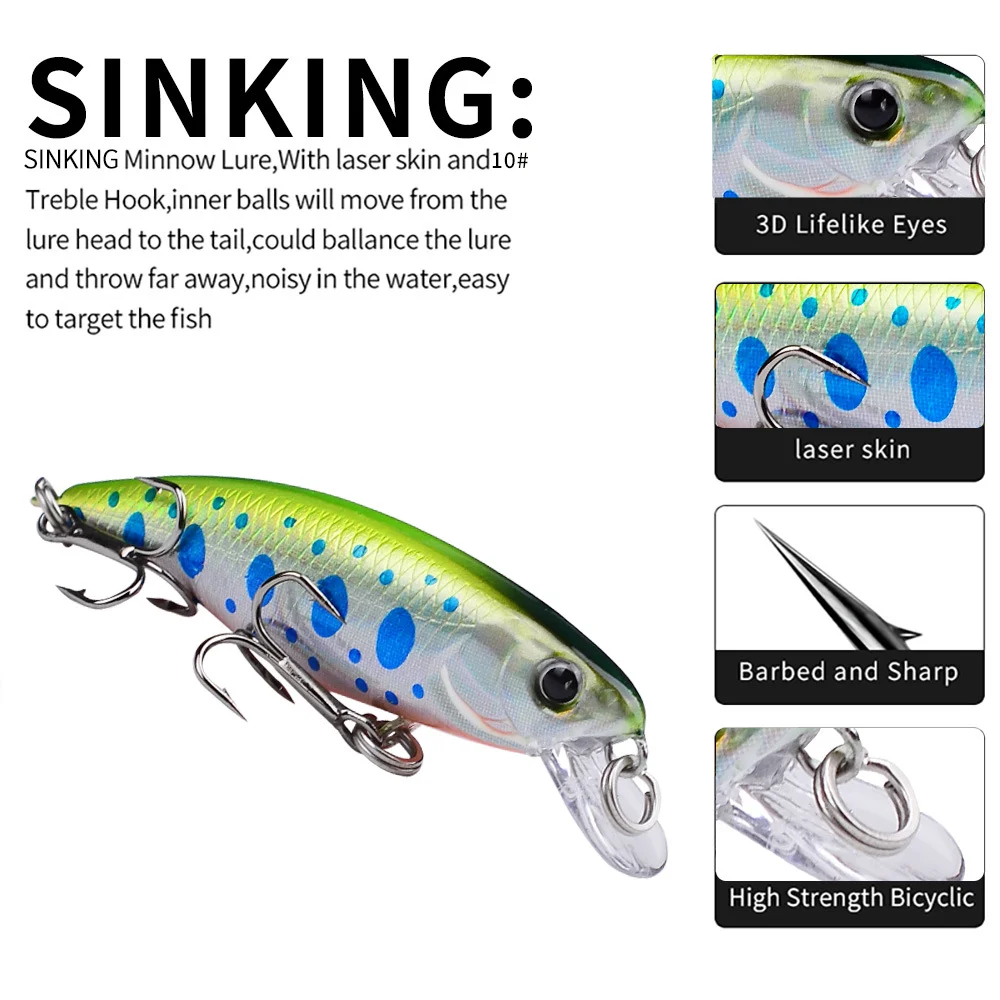 Display of various color options available for the Sinking Minnow Lure, highlighting their effectiveness in different conditions.
