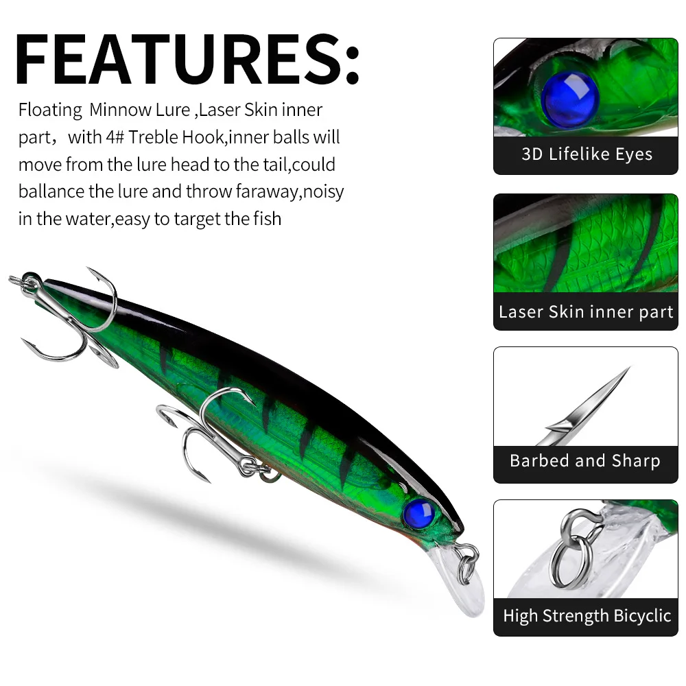 Features of Minnow Lure: floating design, laser skin, inner ball system