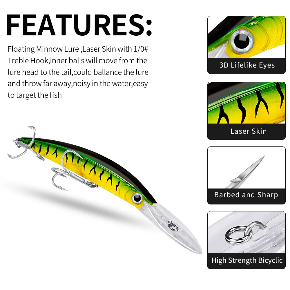 Features of Proberos lure: 3D eyes, laser skin, sharp hooks, and internal ball bearings