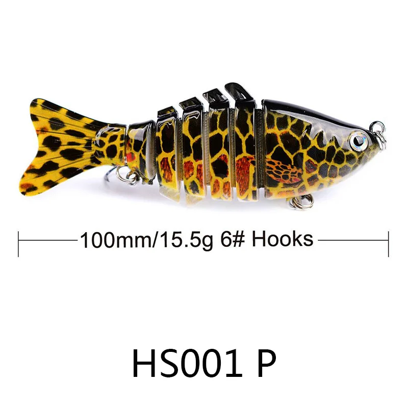 Side view of a single fishing lure with text showing size: 100mm/15.5g, #6 hooks. Model HS001 P