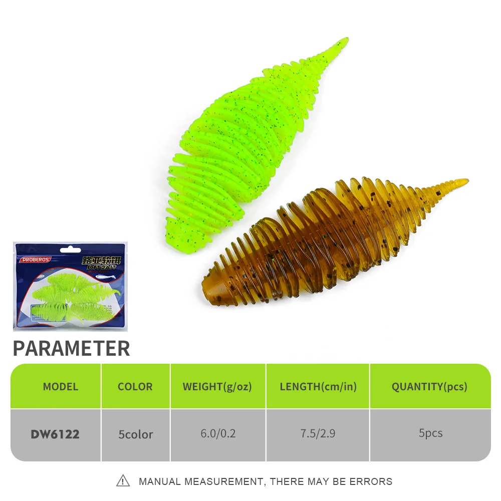 Two swimbaits (green and amber) next to spec chart (Model DW6122: 6.63g, 7.5cm, 5pcs)
