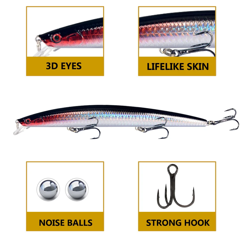 Close-up of the floating lures showcasing noise balls and strong 2# hooks.