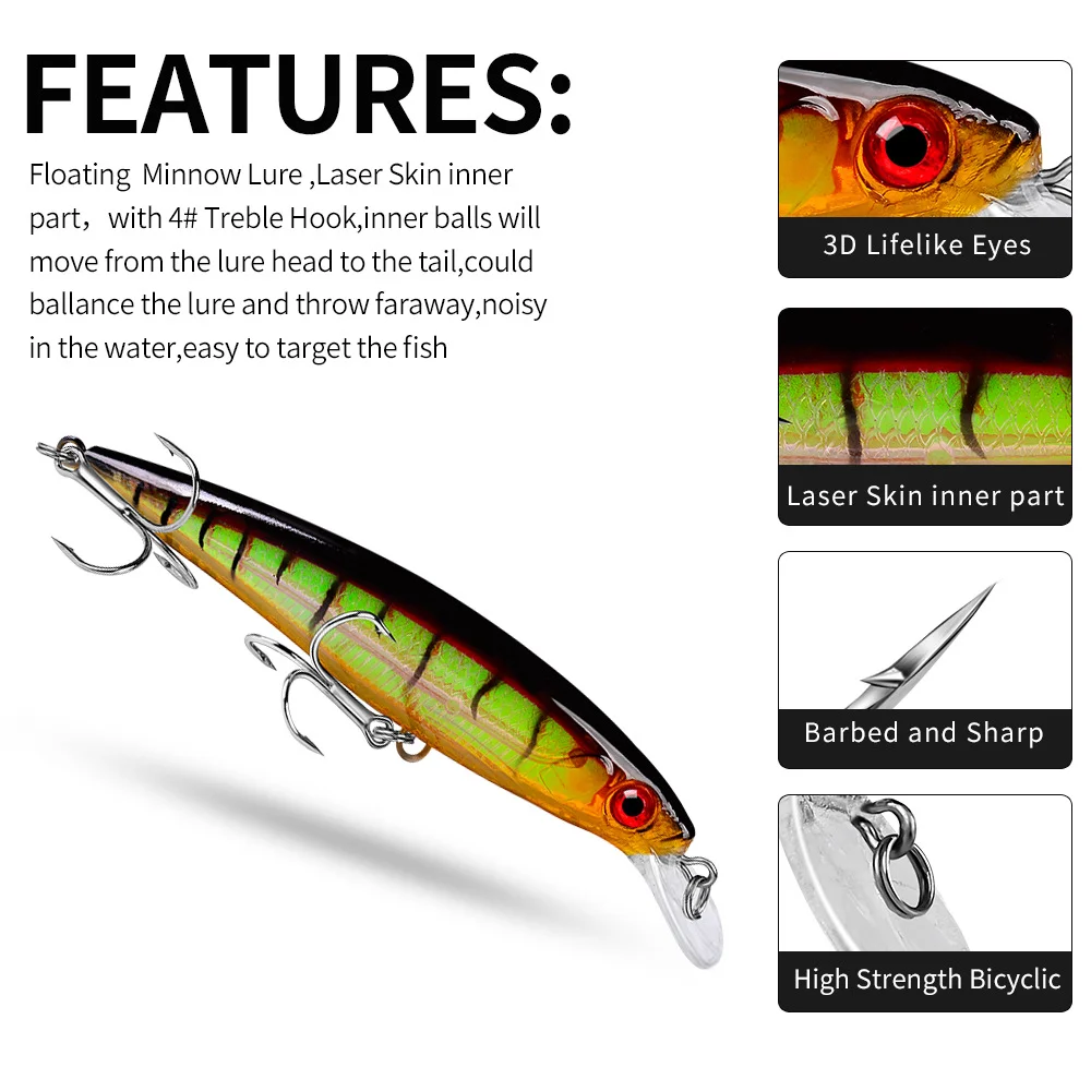 Image highlighting the features of a floating minnow fishing lure with laser skin inner part, 3D lifelike eyes, barbed and sharp treble hooks, and high-strength bicircle ring. Designed for long casting and attracting fish with internal noise and realistic appearance.
