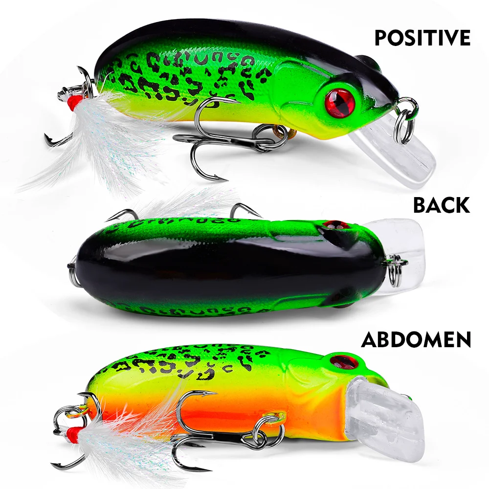 Side, back, and bottom views of a green-black crank lure with red eyes, feathered hooks, and detailed fish markings.
