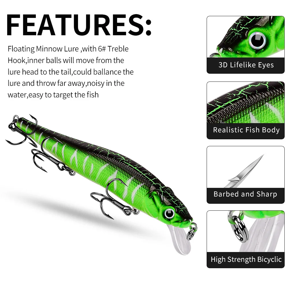 Feature highlights such as 3D eyes, realistic scale texture, and strong hooks