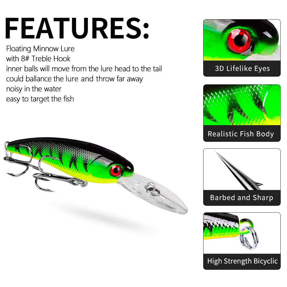 Product feature overview with 3D eyes, sharp barbed hook, fish-like body