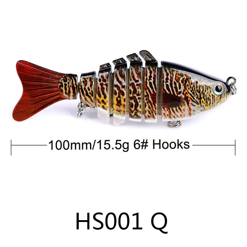 Side view of a single fishing lure with text showing size: 100mm/15.5g, #6 hooks. Model HS001 Q