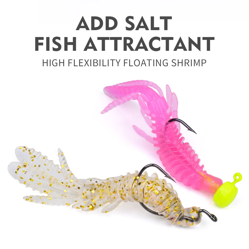 Shrimp lures rigged with jig heads showing salt attractant feature