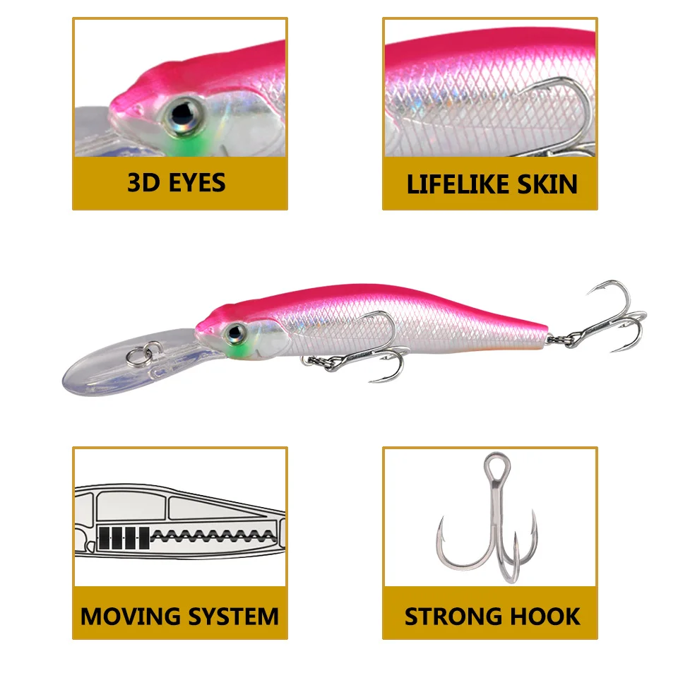 Close-up of LureZ Bolt Fishing Lure showing 3D eyes and strong 6# hooks