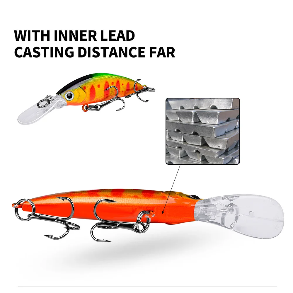 Close-up images of lure details including laser scale texture, 3D eye, internal weight system, and treble hook tip