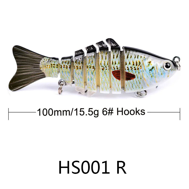 Side view of a single fishing lure with text showing size: 100mm/15.5g, #6 hooks. Model HS001 R