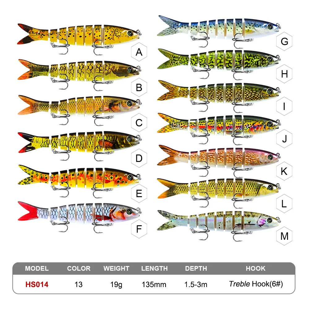 A to M Set of colorful multi-jointed fishing lures with realistic fish patterns