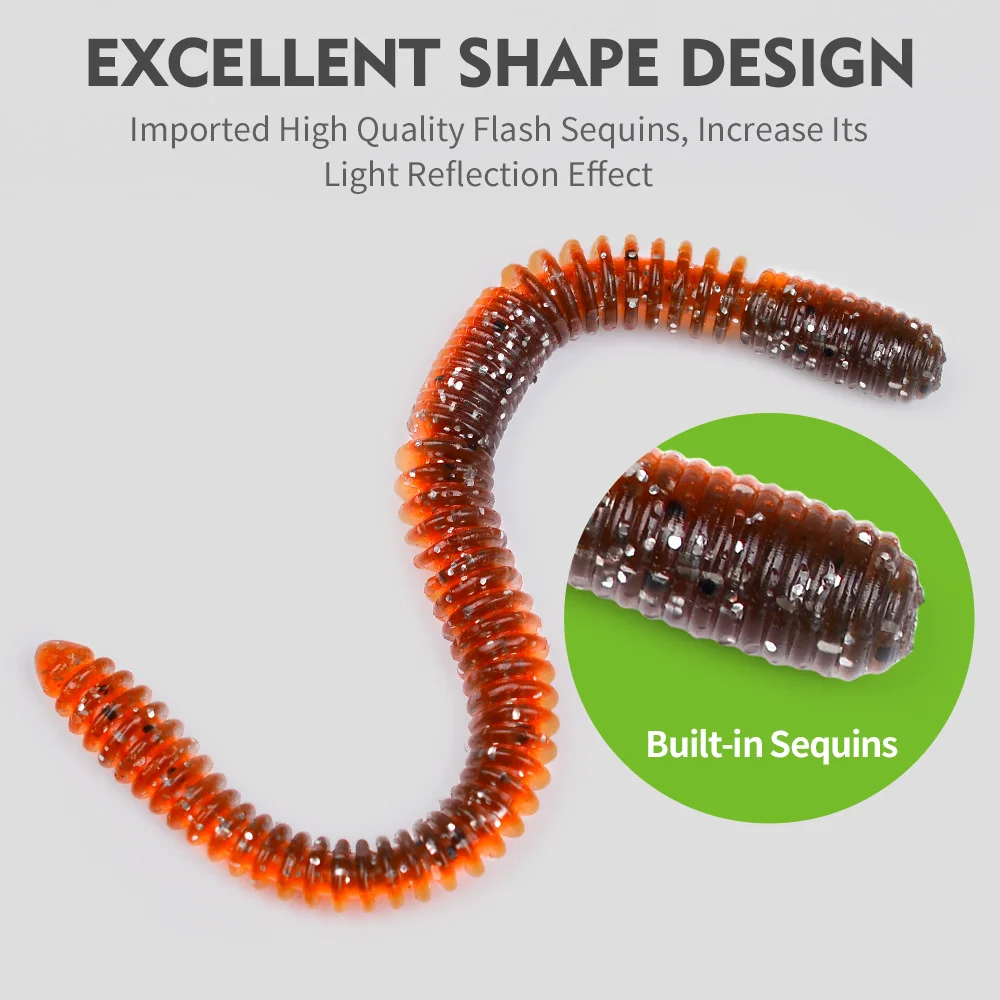 Curved brown worm lure showing built-in reflective sequins for visibility