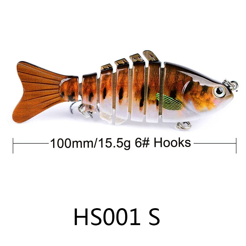 Side view of a single fishing lure with text showing size: 100mm/15.5g, #6 hooks. Model HS001 S