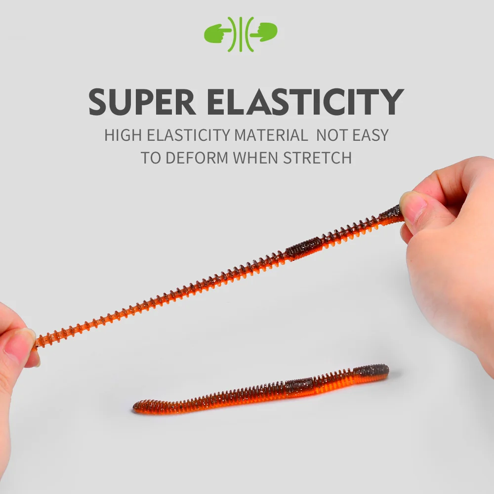 Hands stretching the worm lure to demonstrate high elasticity and resilience